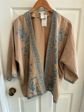 NWT J. Jill Embroidered Kimono Jacket in Taupe with Embroidered Teal Trim